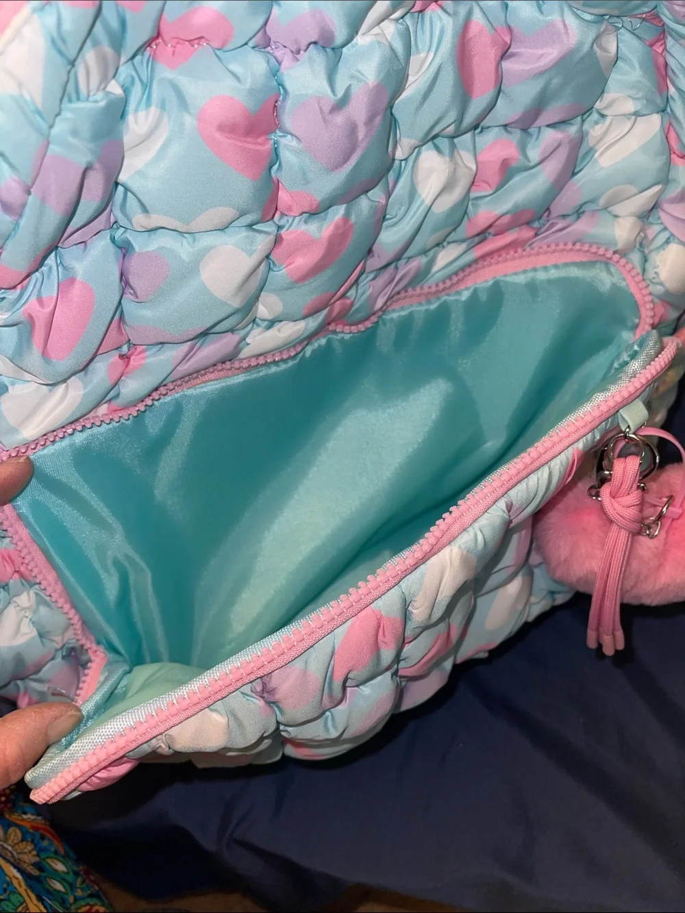Quilted Mint Backpack with Pink Hearts & Pom Charm